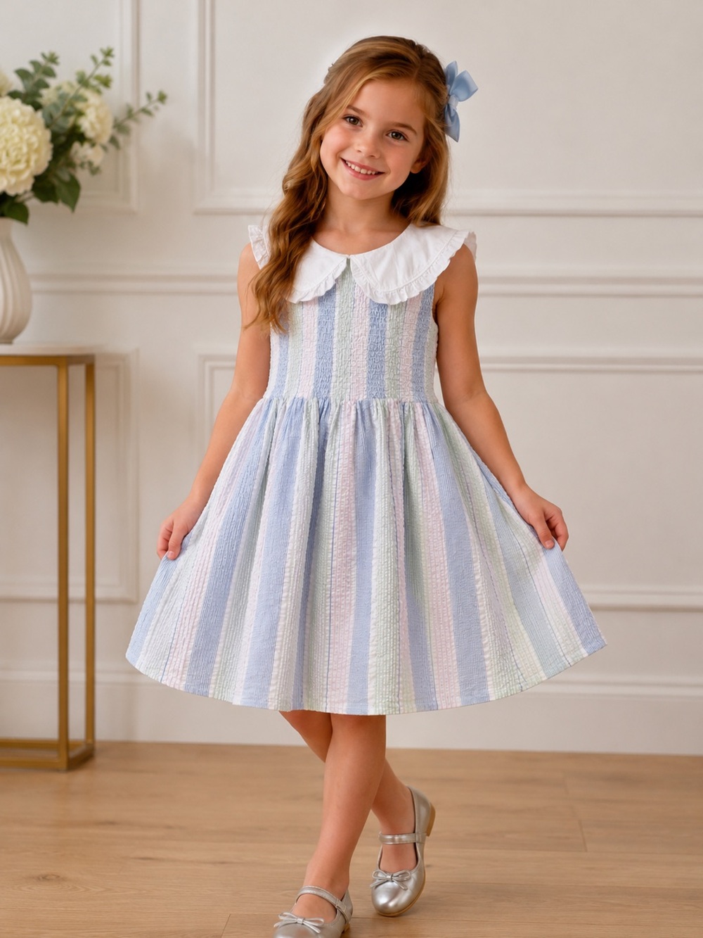 NWT Janie and Jack Smocked Seersucker Peter Pan Collar Dress - Size 10